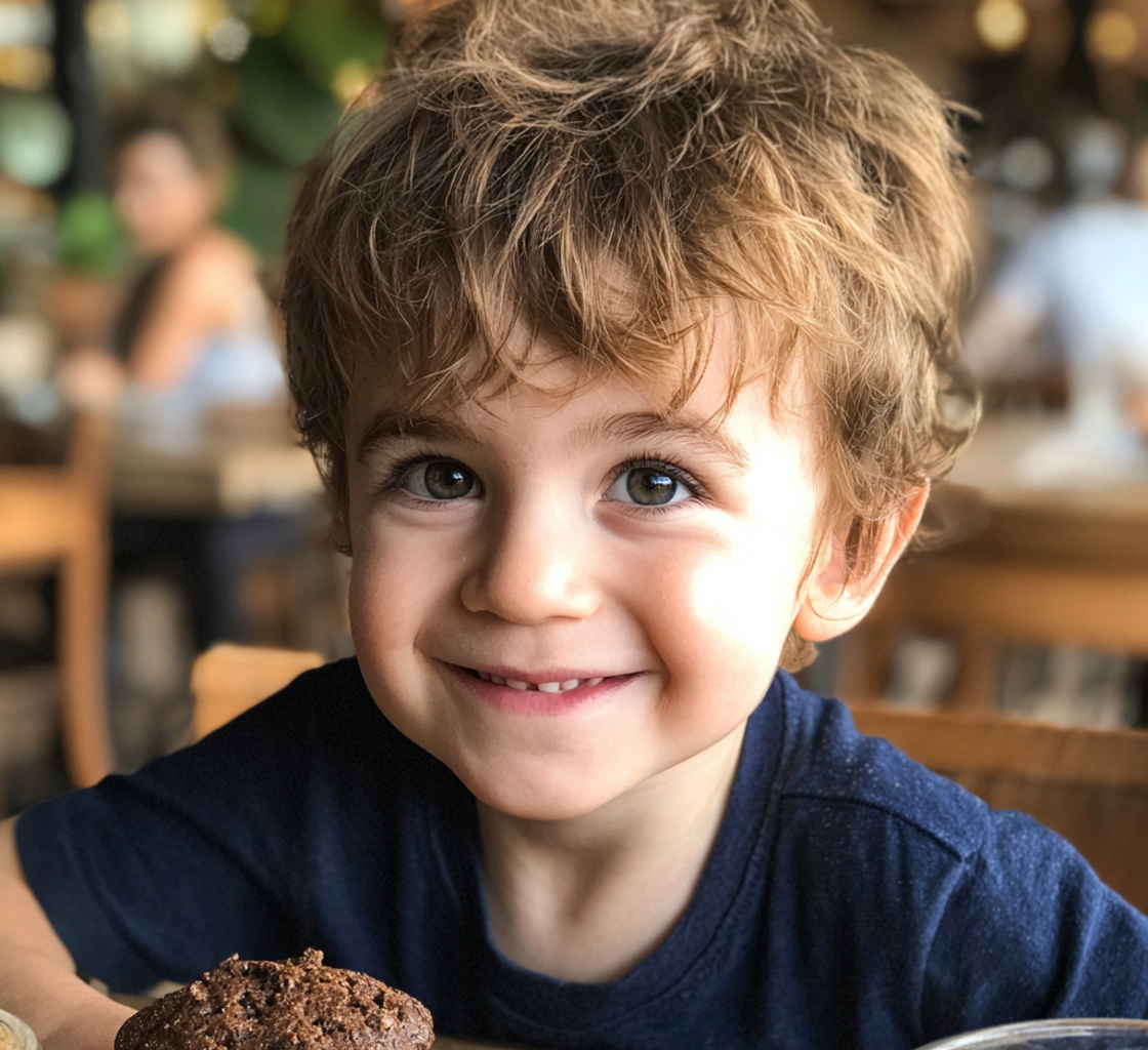 A smiling little boy sitting at a coffee shop | Source: Midjourney