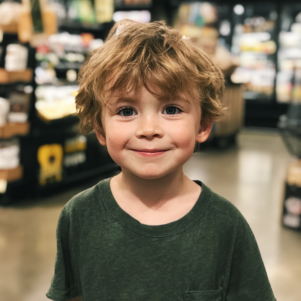 A smiling little boy in a grocery store | Source: Midjourney