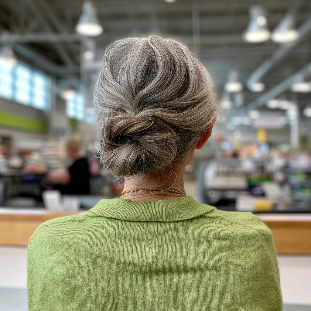 The rear view of an older woman standing at a checkout counter | Source: Midjourney
