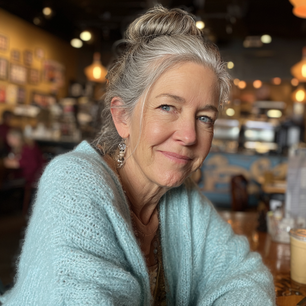 A smiling older woman sitting in a coffee shop | Source: Midjourney