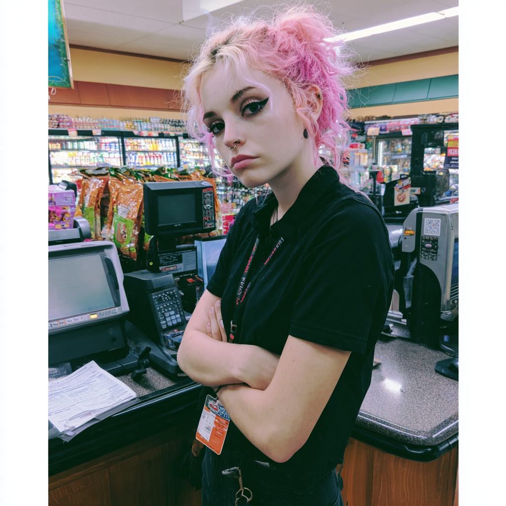 An annoyed cashier in a grocery store | Source: Midjourney
