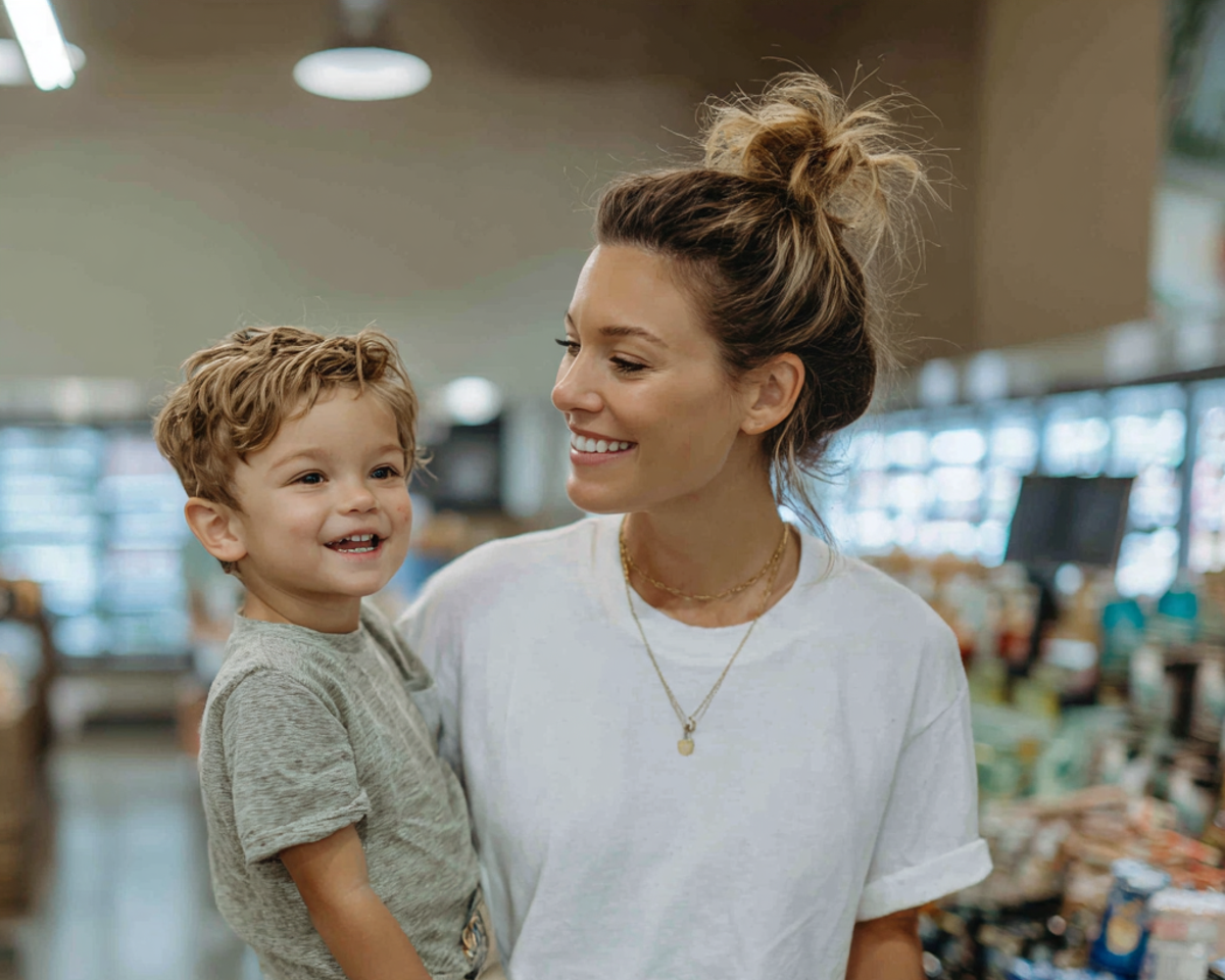 A woman carrying her son in a grocery store | Source: Midjourney
