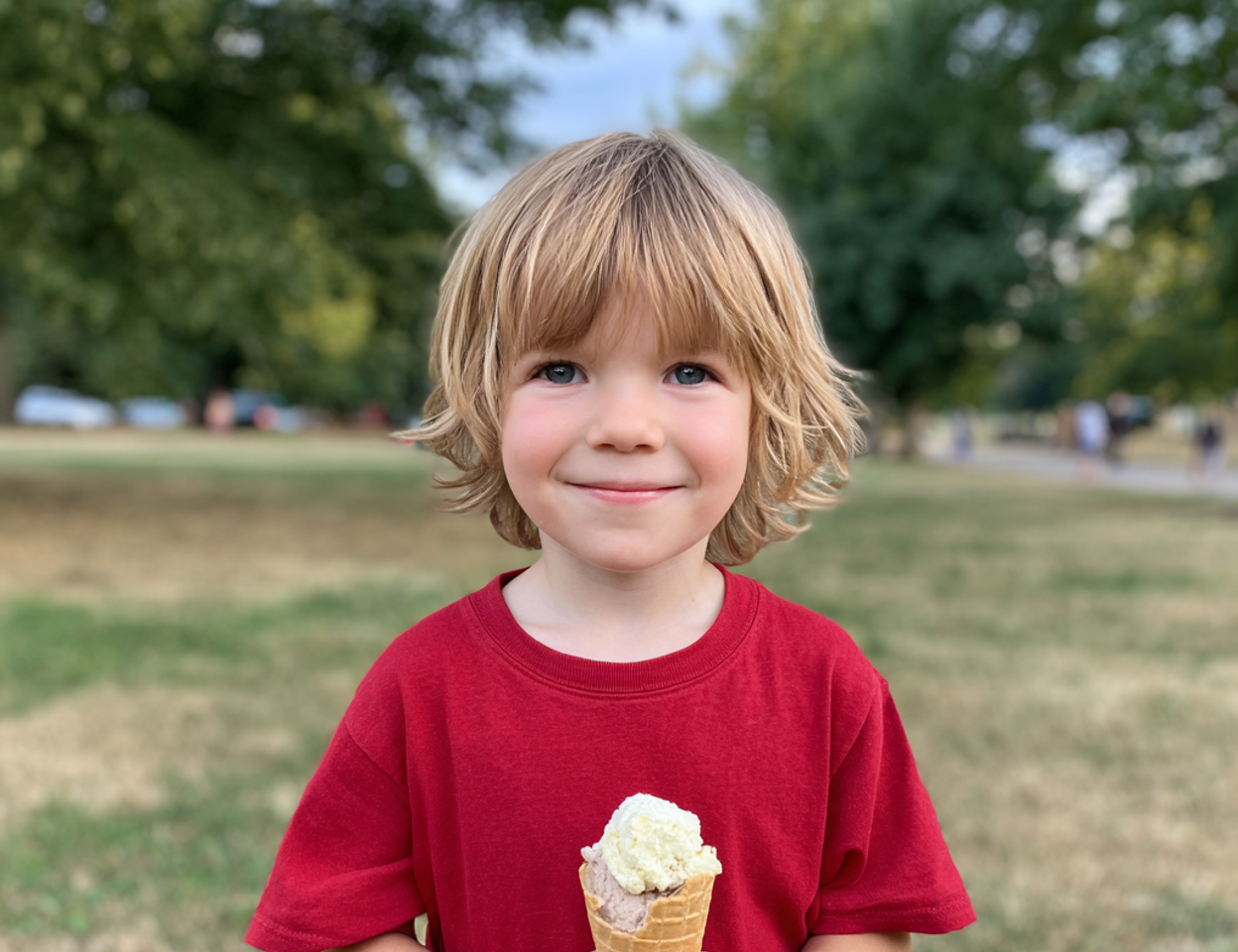 A smiling little boy holding an ice cream cone | Source: Midjourney