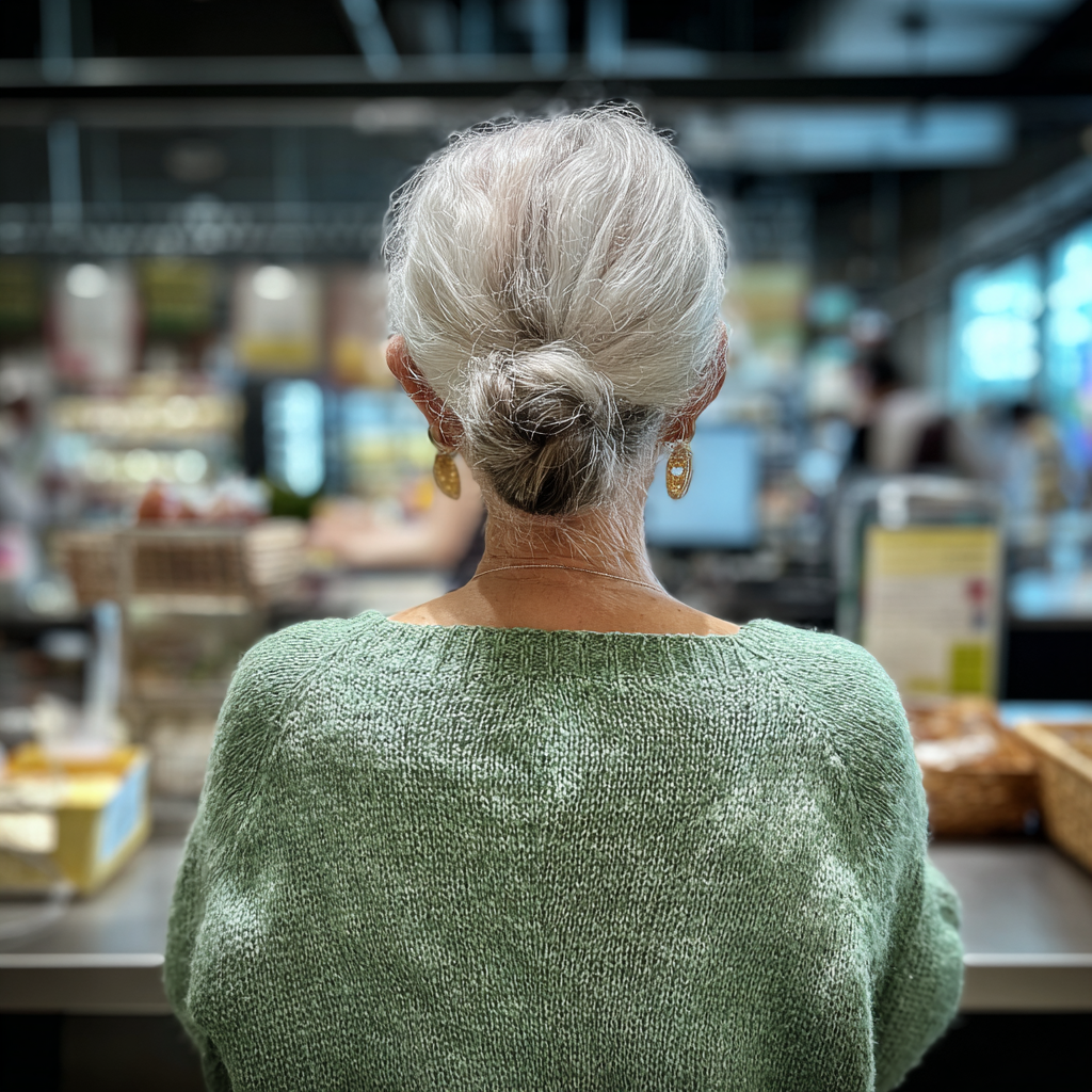 An older woman standing in a grocery store | Source: Midjourney